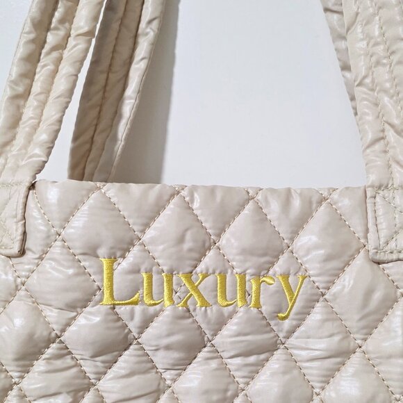 Puffy Quilted Nylon Tote - Cream and Gold - Picture 3 of 5